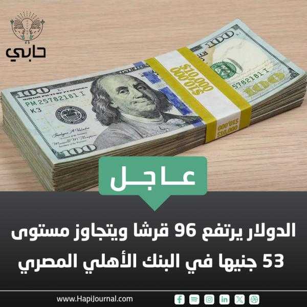 عاجل.. الدولار يرتفع 96 قرشا ويتجاوز مستوى 53 جنيها في البنك الأهلي المصري.
